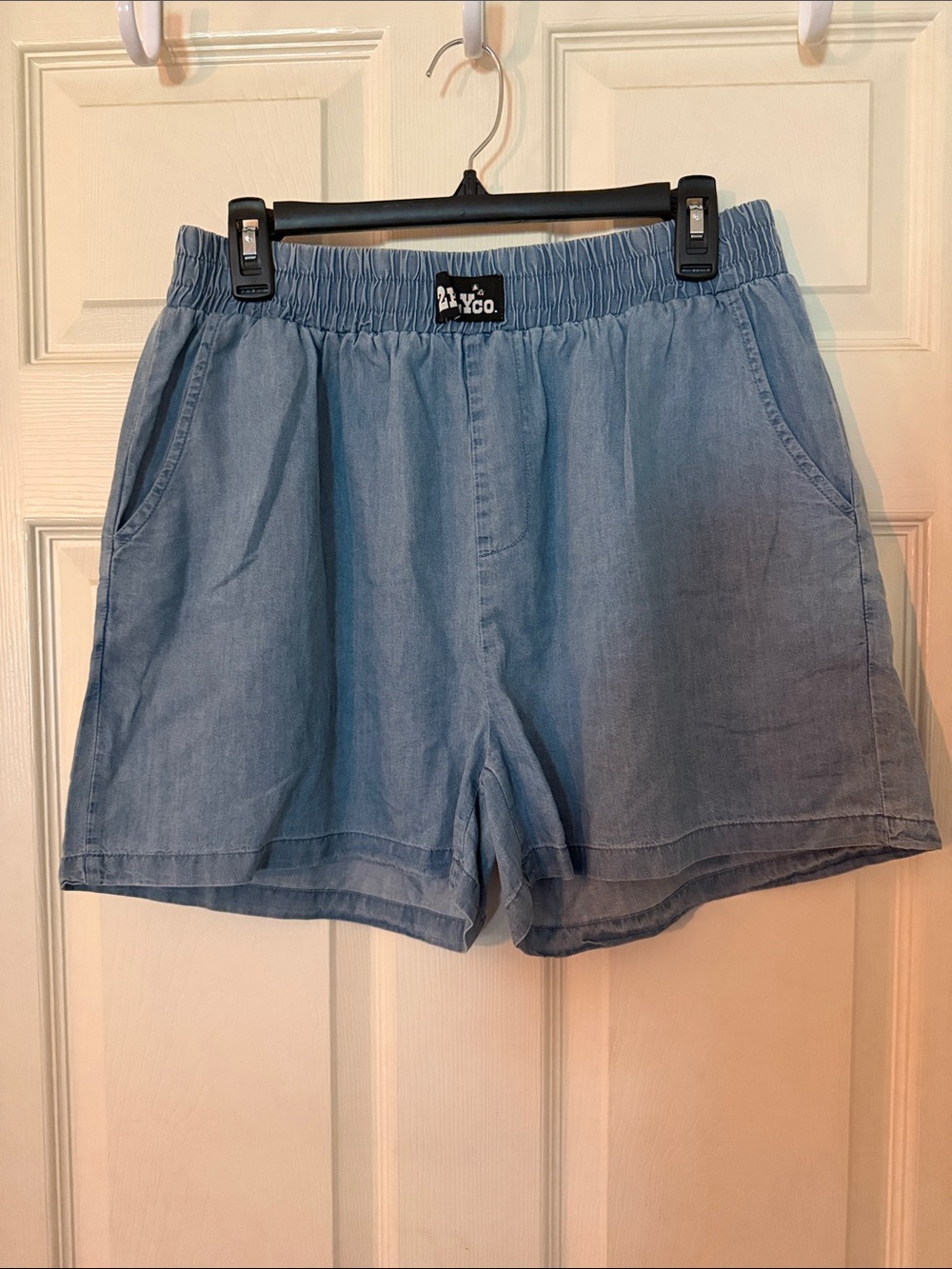 2 Fly Co Light Blue Chambray High-Waist Elastic Denim Shorts with Pockets